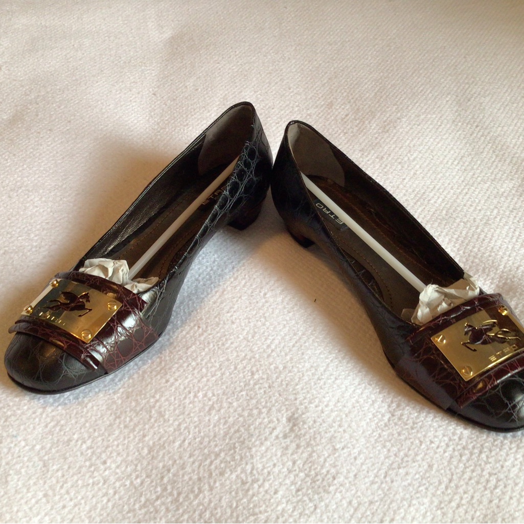 Nib Etro Milano,Cocco Abo Brown/Black Leather Womens Pump-Sizes 37 And 38
